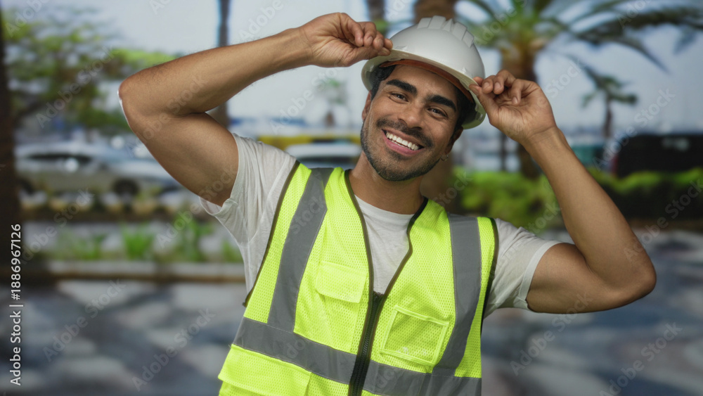 Naklejka premium Man adjusts white hardhat while wearing reflective vest on urban street lined with palm trees and parked cars; safety assurance.