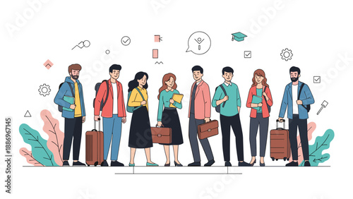 Diverse group of young students and professionals standing together with backpacks and suitcases, representing education and travel.