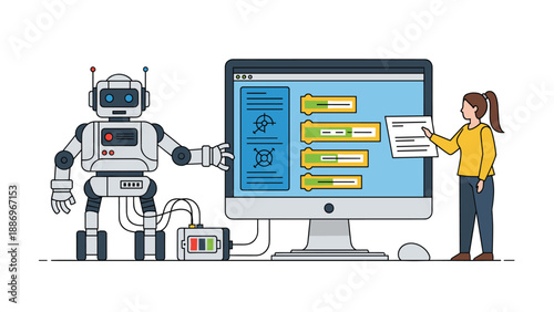 Skilled female programmer and humanoid robot working together on complex coding tasks displayed on a large computer monitor screen.