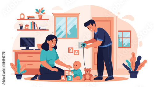 Young parents playing with their baby on floor in living room with toy blocks and teddy bear while ensuring home safety measures.