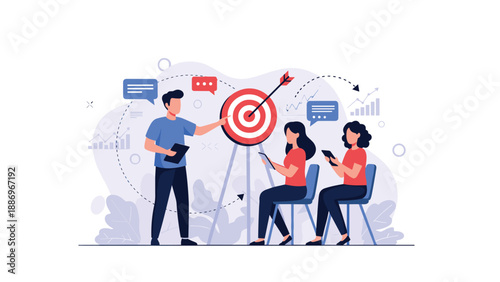 Male mentor using a pointer to show a bullseye target while two female students take notes during a strategic business training session.