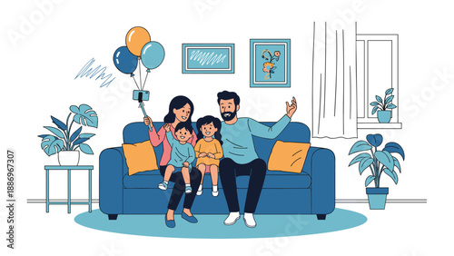 Happy family taking a group photo together with colorful balloons while sitting on a blue sofa in a cozy and bright living room area.