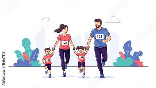 Happy family of four running together in a city marathon wearing race bibs and athletic clothing for health and fitness goals.