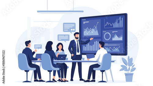 Corporate business team attending a data analysis presentation led by a manager in a modern office meeting room setting.