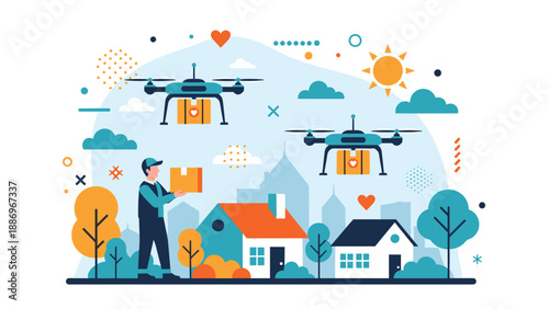Logistics professional delivering a package while automated drones fly above a modern urban landscape for fast shipping service.