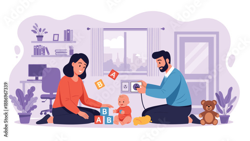 Caring parents playing with their baby on the floor while the father demonstrates household safety by plugging in an appliance.
