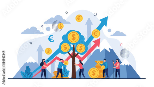 Group of professionals planting golden coins on a money tree representing financial investment growth and economic prosperity.