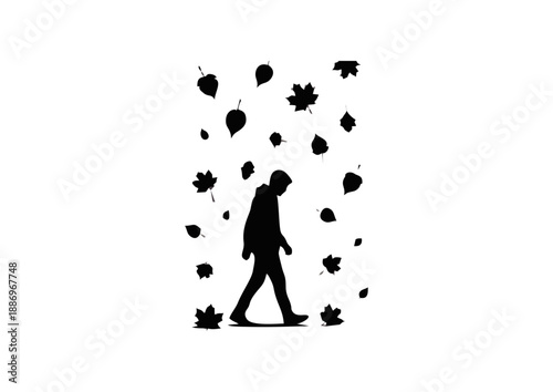 A solitary silhouette of a person walking amidst a shower of gently falling autumn leaves, evoking a sense of peaceful contemplation and seasonal change in a striking monochrome illustration