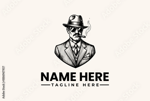 Black and white illustration of a man in a suit and fedora smoking a cigar with placeholder text for a logo or brand identity on a plain background.