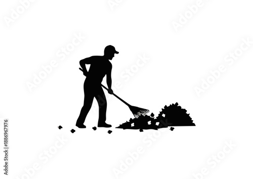Silhouette of a person diligently raking fallen autumn leaves into a tidy pile, showcasing seasonal yard work and outdoor maintenance activity in a clean graphic style