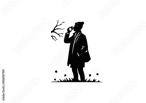 Silhouetted figure finding warmth and peace while enjoying a comforting hot beverage outdoors in the serene, chilly embrace of winter season