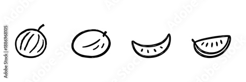 Watermelon And Melon Line Icon Set In Doodle Style. Fresh Fruit, Summer Snack, And Healthy Eating Outline Sketch Collection. Hand Drawn Isolated Vector Illustration