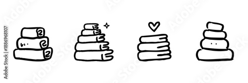 Stacked Towels Line Icon Set In Doodle Style. Cleanliness, Organization, And Comfort Outline Sketch Collection. Home And Hospitality Essentials. Hand Drawn Isolated Vector Illustration
