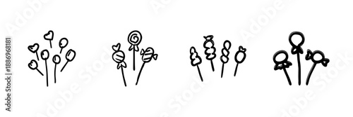 Candy And Lollipop Line Icon Set In Doodle Style. Sweet Treats, Confectionery, And Dessert Symbols Outline Sketch Collection. Hand Drawn Isolated Vector Illustration