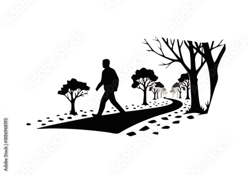A solitary figure walks along a winding path through a forest, surrounded by trees and scattered stones