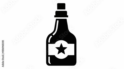 Bottle Icon with Star Label – Black Silhouette on White. Minimalist Vector, Editable Stroke, Isolated Design for Branding or Packaging.