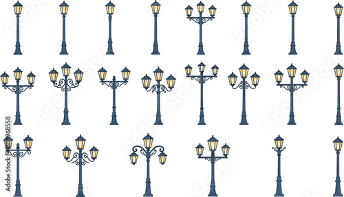 Street lamp vector set featuring multiple classic lamppost designs with glowing lanterns outdoor urban lighting collection illustration