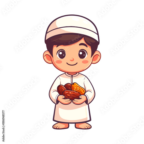 Happy Muslim Boy in Traditional Attire Holding Dates for Iftar