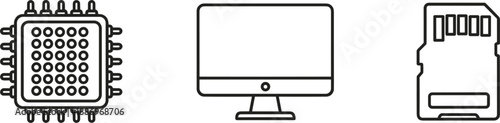 Technology hardware outline icons set showing microchip computer monitor and memory card digital electronics vector illustration