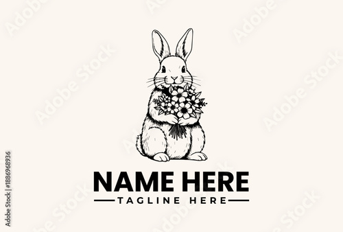 A line art illustration of a rabbit holding flowers with a customizable text placeholder for a logo or brand name on a plain background.