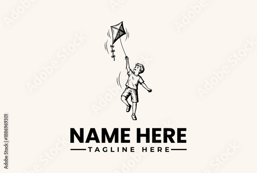 A minimalist line drawing of a person flying a kite with a customizable name and tagline on a beige background, featuring a logo and vector illustration design.