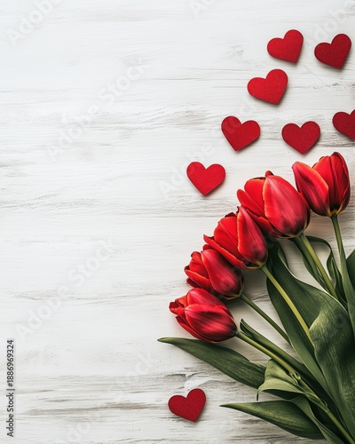 Red tulips with red hearts on a white wooden background for celebrations and romantic occasions in spring season, frame. Concept of Saint Valentine's Day and 8 March