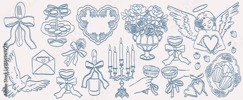Hand drawn wedding ceremony illustrations. Wedding icons in victorian, baroque or rococo style with whimsy elegant ornaments and lace decorations. Trendy romantic elements for invitations and menus.