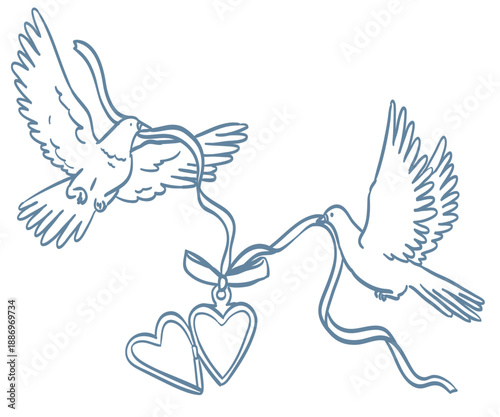 White doves for wedding invitation, menu design. Vector illustration of flying birds holding locket on bow ribbons . Romantic messenger concept. Design elements for postcard in doodle victorian style.