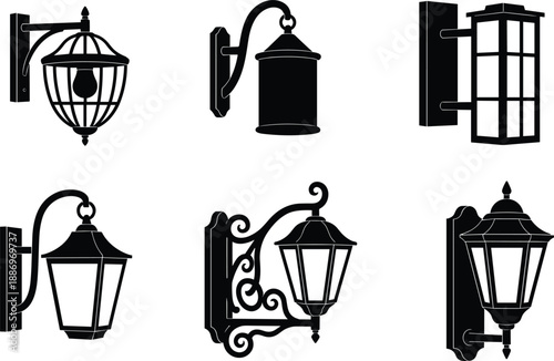 Vintage wall lantern set with classic outdoor sconces antique lighting fixtures vector illustration decorative architectural design collection