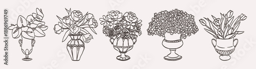 Hand drawn wedding ceremony vases with flower bouquet illustrations. Wedding icons in victorian, baroque or rococo style with elegant ornament decorations. Romantic elements for invitations or menus.