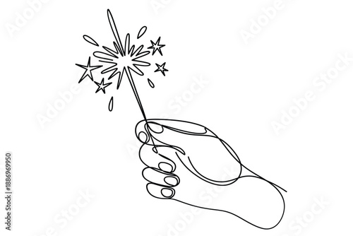 A hand holding a lit sparkler simple line art illustration