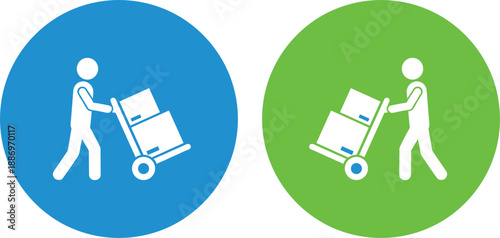 Warehouse delivery worker pushing hand truck with boxes blue circular icon logistics vector illustration symbol flat minimal design