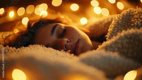Peaceful young woman sleeping soundly under warm cozy blanket with bokeh lights