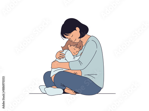 Illustration of a woman sitting and closely hugging a small child