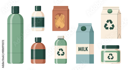 Flat illustration of eco-friendly product packaging and sustainable daily containers