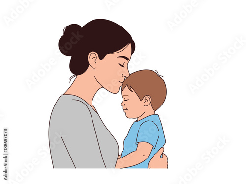 Illustration of a woman kissing a young boys forehead