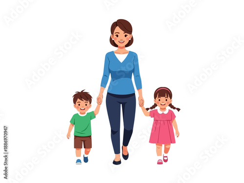 Woman walks holding hands with a young boy and girl