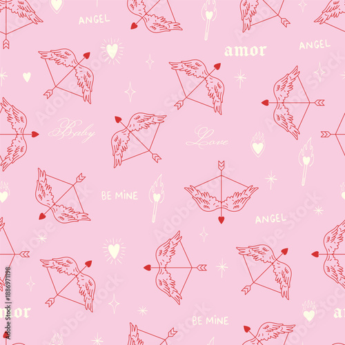Cute coquette valentines day seamless pattern. Cupids bow and arrow. Hand drawn doodles.