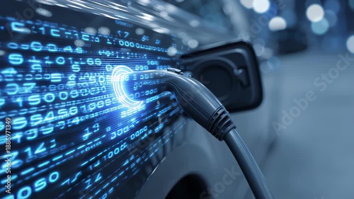 Electric car charging port with glowing digital data streams