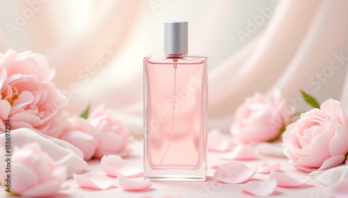 Luxurious pink perfume bottle mockup with roses and soft fabric drapery in romantic feminine style on pastel background for fragrance advertising beauty branding valentines gifting,copy space
