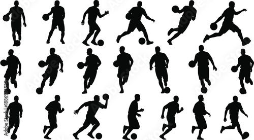 Basketball player silhouette set showing dribbling running and action poses isolated on white background for sports training competition illustration design