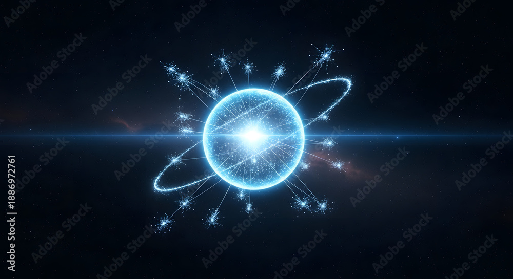 Fototapeta premium Glowing blue atom with orbiting electrons on dark background