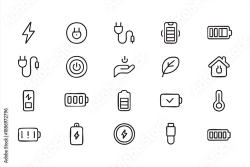 Minimal Energy Icons for Battery Status, Electric Devices, and Smart Systems
