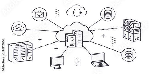 Comprehensive digital infrastructure and data management diagram showcasing interconnected cloud computing, server systems, and networked devices for modern business operations