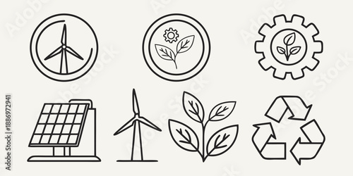 Set of icons depicting renewable energy sources and environmental sustainability concepts