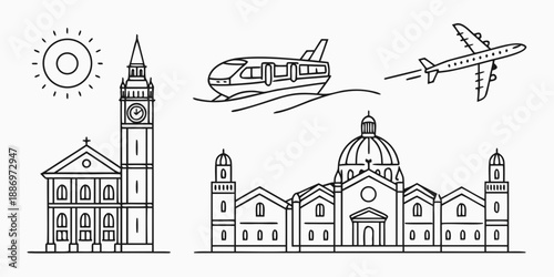 Diverse Collection of Travel and Architectural Line Icons for Global Journeys and Landmark Exploration. Perfect for Tourism, Design, and Navigation Projects