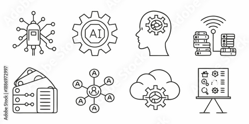 Set of icons representing artificial intelligence, machine learning, data science, and technology concepts