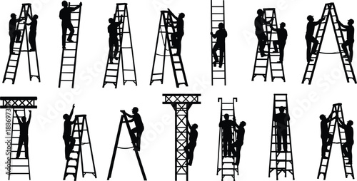 Construction worker ladder silhouette set showing teamwork safety climbing and maintenance activities isolated on white background for industry labor safety training illustration design