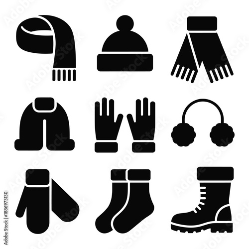 Collection of essential winter clothing items including warm scarf, cozy beanie hat, insulated gloves, earmuffs, thick socks, and sturdy boots for cold weather outdoor activities