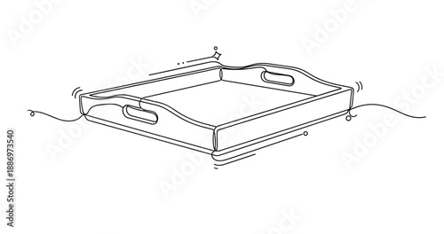 Minimalist line drawing of a wooden serving tray with handles. Non editable stroke